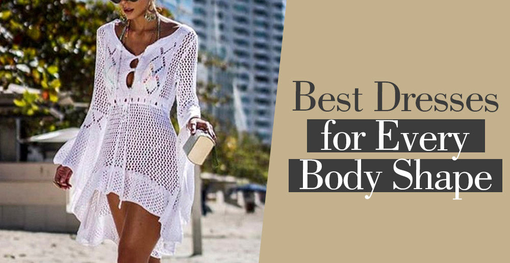 Elegant white dress, crochet design, "Best Dresses for Every Body Shape" text.