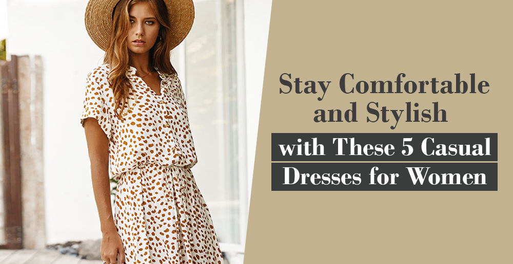 Woman in polka dot dress with hat; text '5 Casual Dresses for Women'