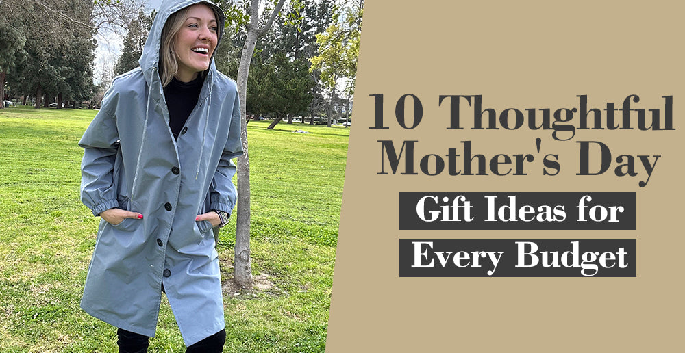 Mother's Day gift ideas guide with a happy woman in a park.