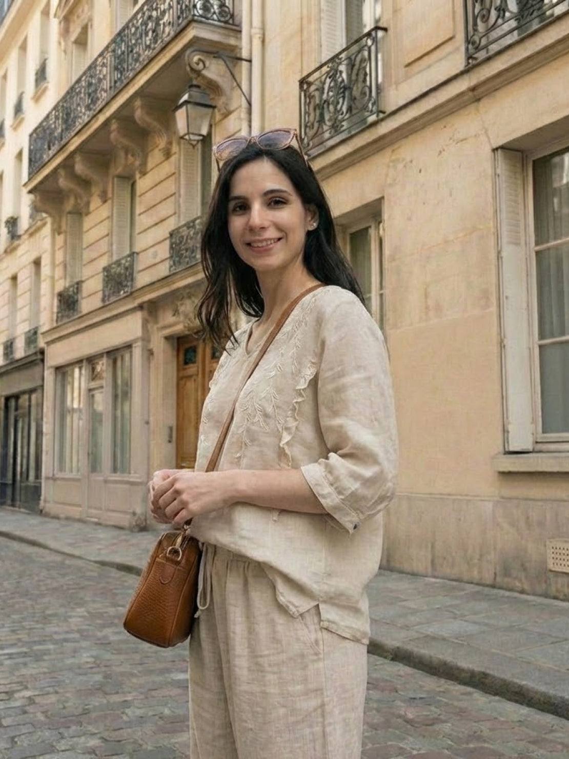 100% cotton linen blend Golden Hour set featuring embroidered V-neck top and wide-leg trousers for breathable summer style