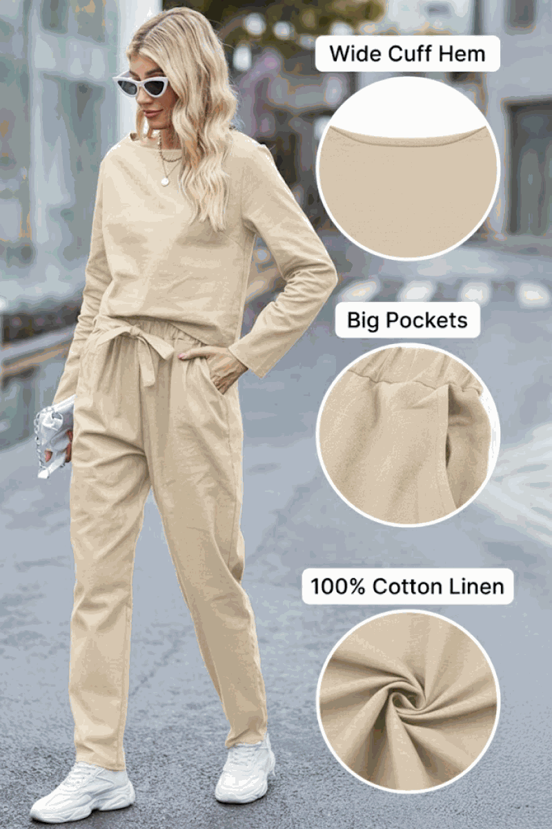Modern elegant woman wearing beige 100% cotton linen monochrome 2-piece set with wide cuff hem and big pockets.