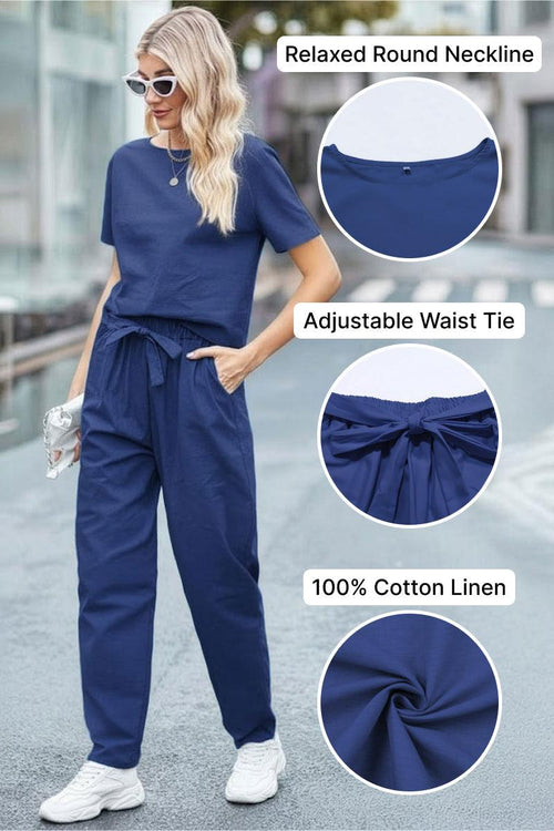 Woman wearing navy blue 100% cotton linen set with relaxed round neckline top and adjustable waist tie pants.