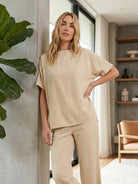 Cotton-blend capelet lounge set with mock neck top and wide-leg pants in relaxed fit