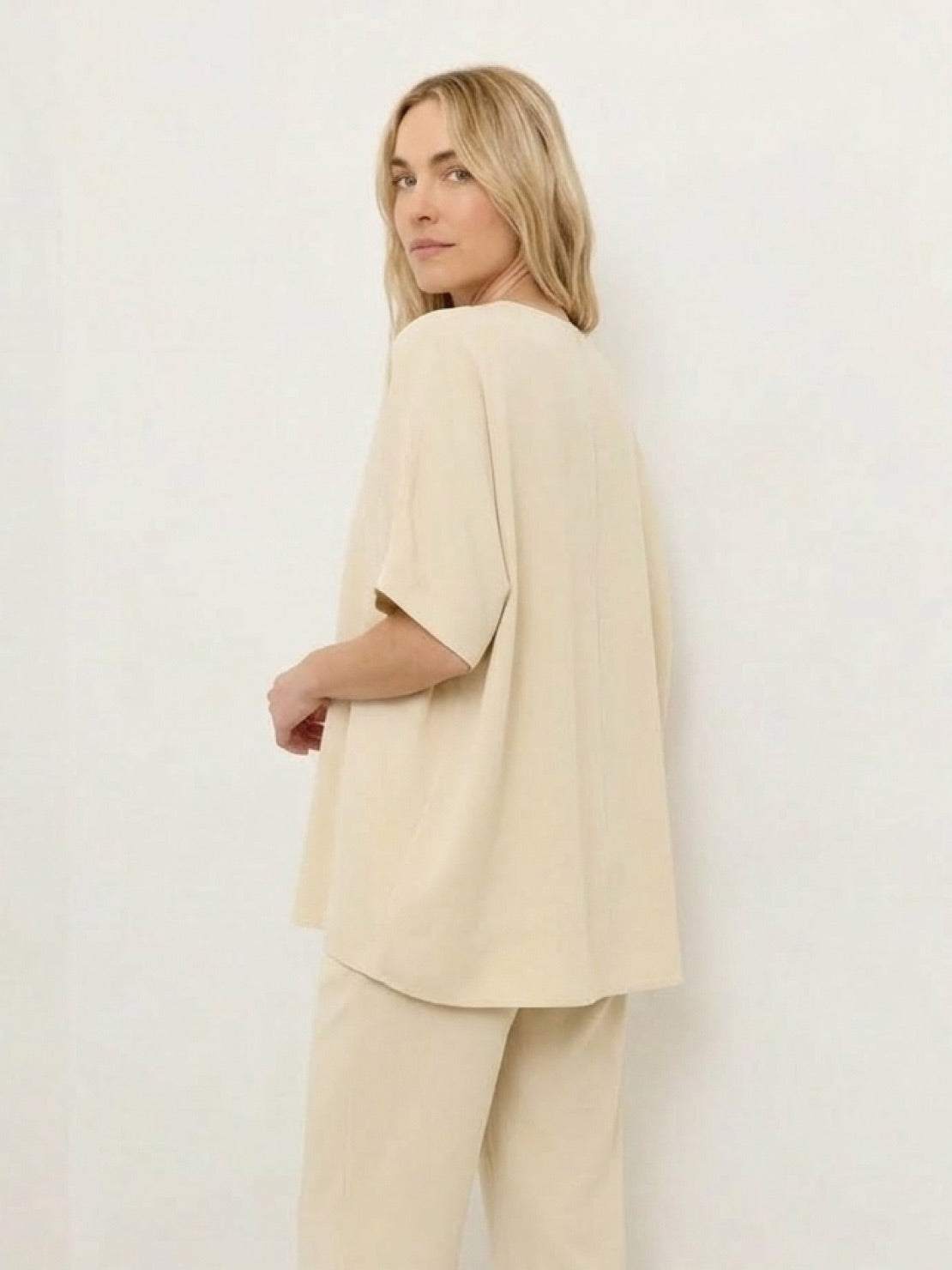 Cotton-blend capelet lounge set with mock neck top and wide-leg pants in smooth fabric