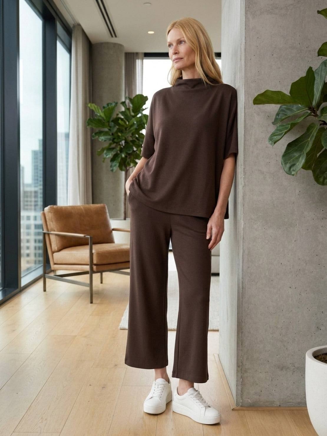 Cotton-blend capelet lounge set with mock neck top and wide-leg pants in relaxed fit