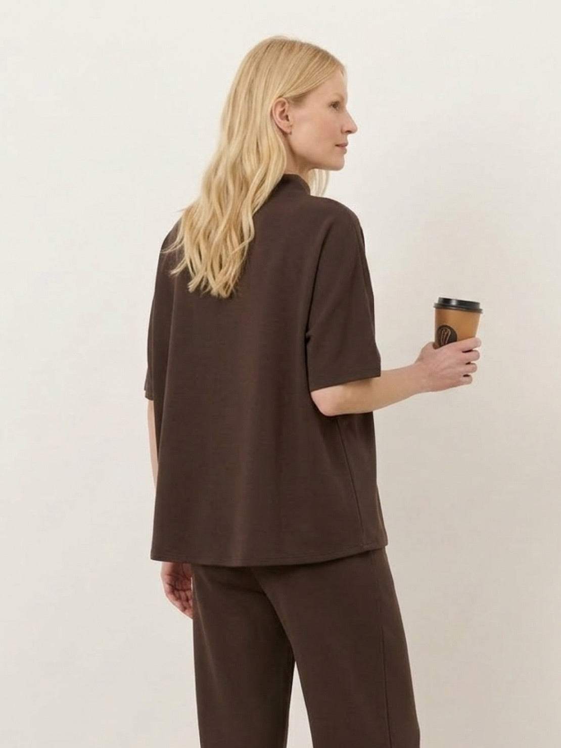 Cotton-blend capelet lounge set with mock neck top and wide-leg pants in relaxed fit