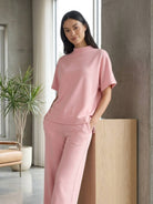 Cotton-blend capelet lounge set with mock neck top and wide-leg pants in relaxed fit