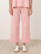 Cotton-blend capelet lounge set with mock neck top and wide-leg pants in chocolate brown
