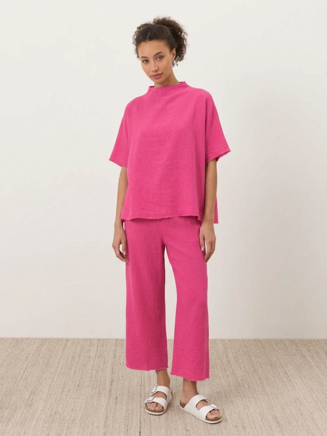Cotton-blend capelet lounge set with mock neck top and wide-leg pants in relaxed fit