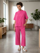 Cotton-blend capelet lounge set with mock neck top and wide-leg pants in relaxed fit