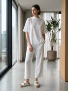 Cotton-blend capelet lounge set with mock neck top and wide-leg pants in relaxed fit