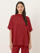 Cotton-blend capelet lounge set with mock neck top and wide-leg pants in soft fabric