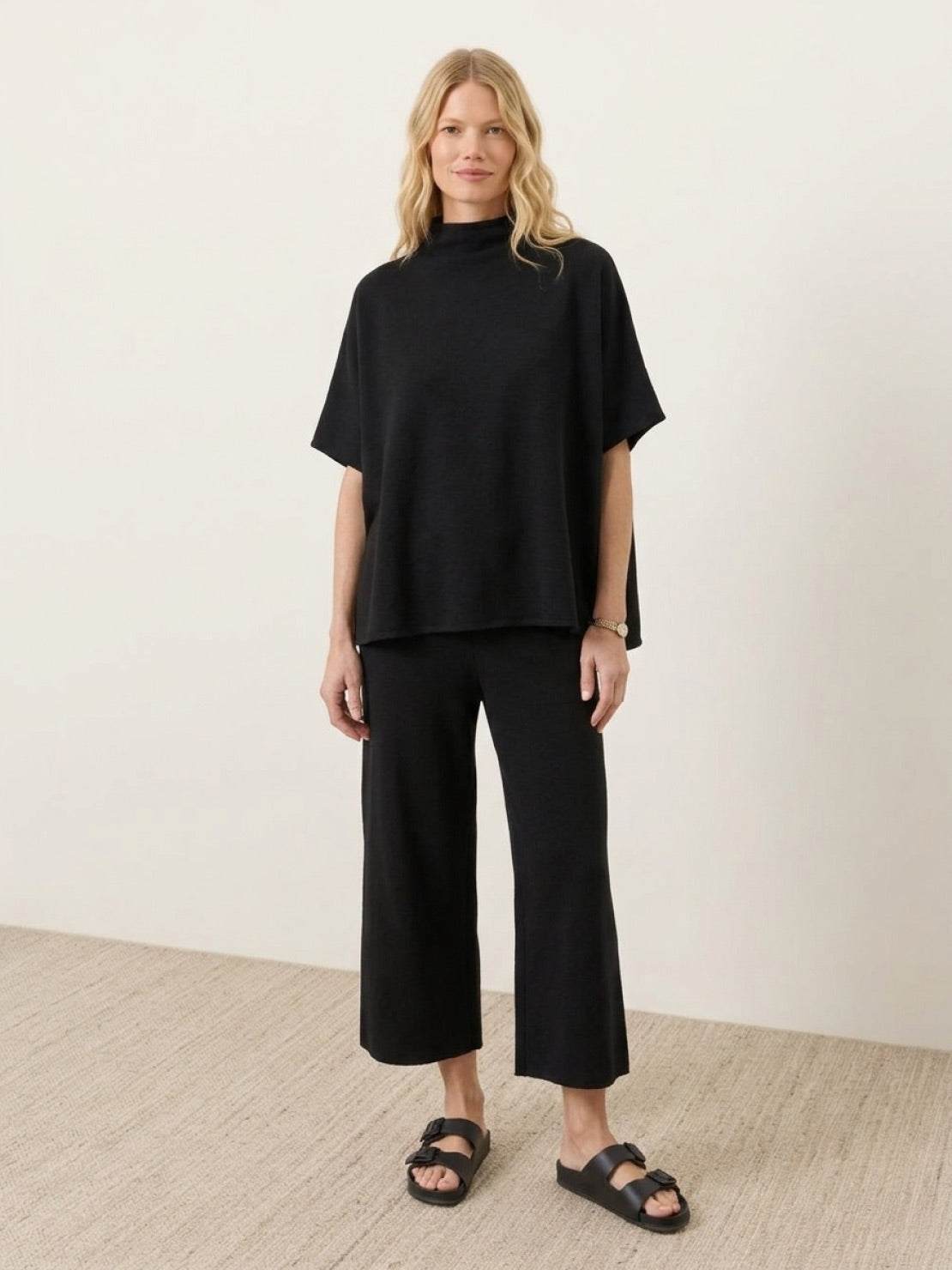 cotton-blend capelet lounge set with mock neck capelet top and wide-leg pants in soft fabric