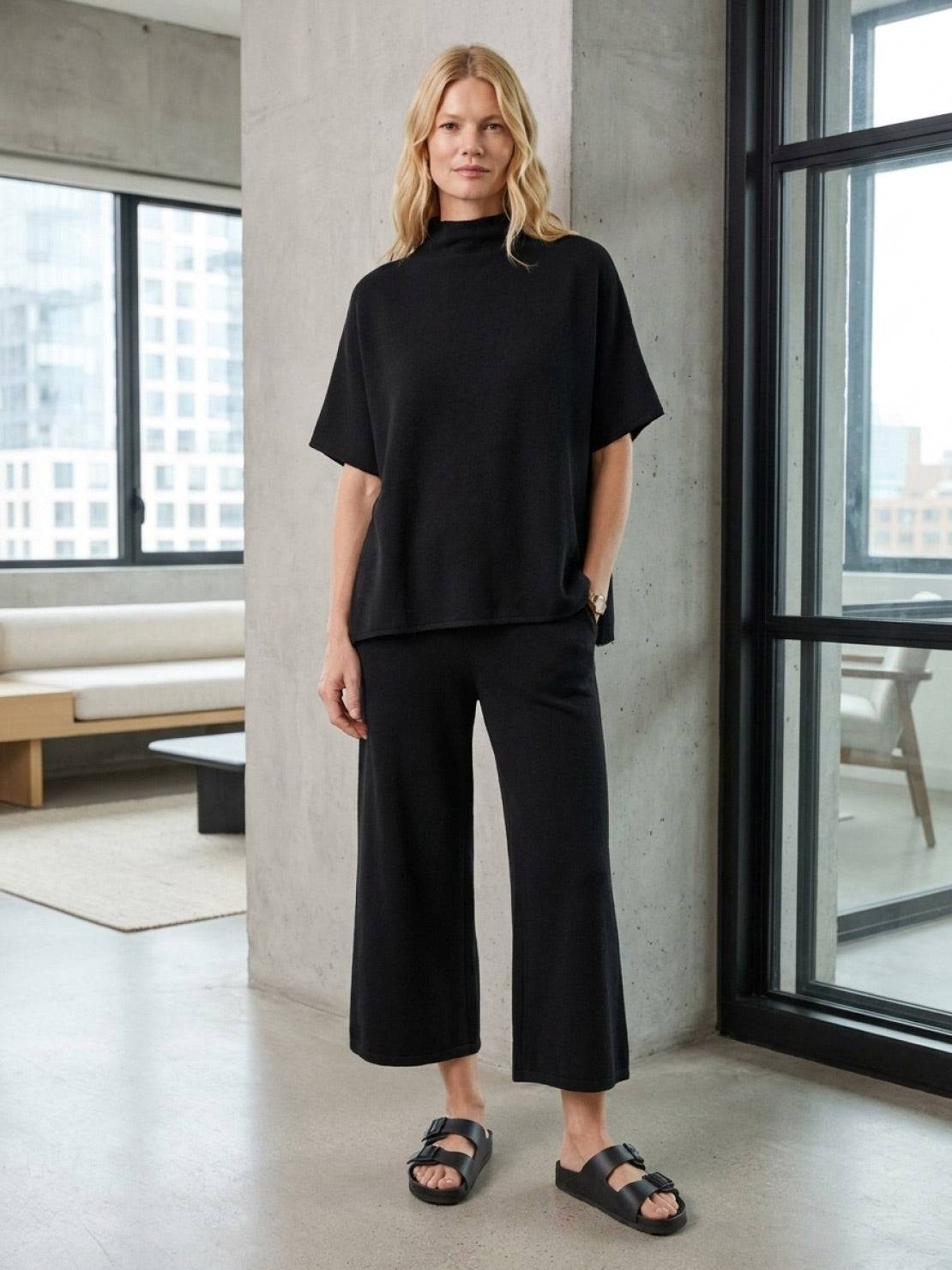 cotton-blend capelet lounge set with mock neck capelet top and wide-leg pants in relaxed fit