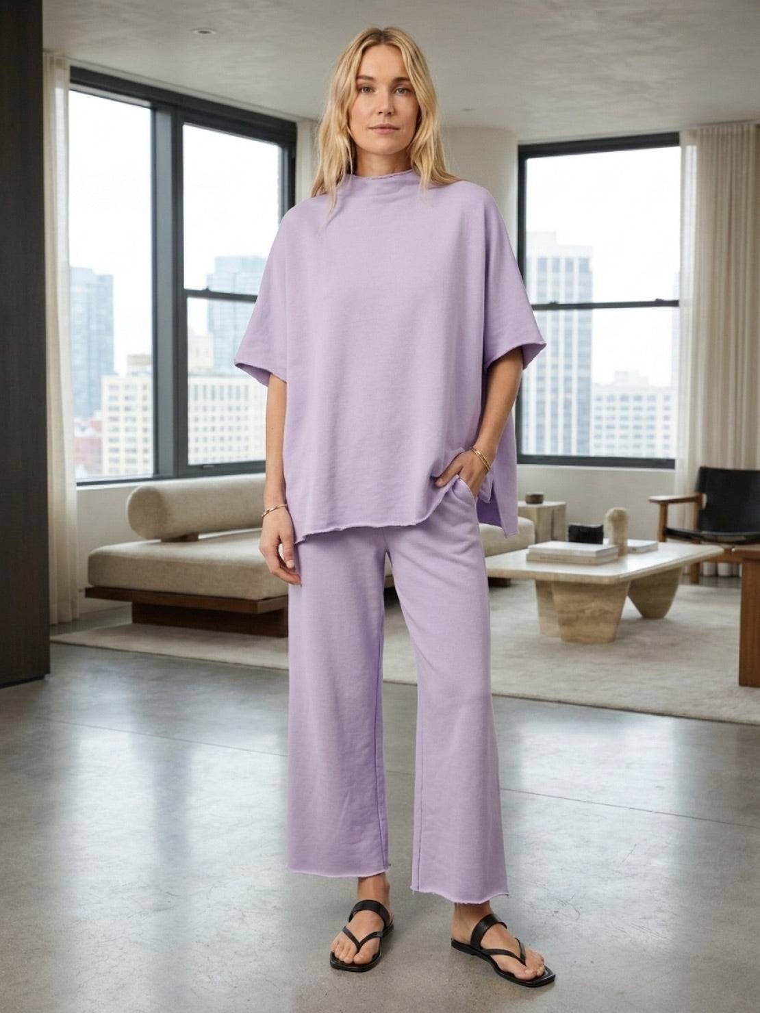 cotton-blend capelet lounge set with mock neck top and wide-leg pants in chocolate brown