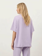 cotton-blend capelet lounge set with mock neck top and wide-leg pants in smooth fabric