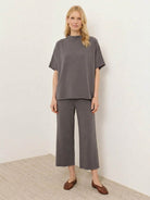 Cotton-blend capelet lounge set with mock neck top and wide-leg pants in chocolate brown