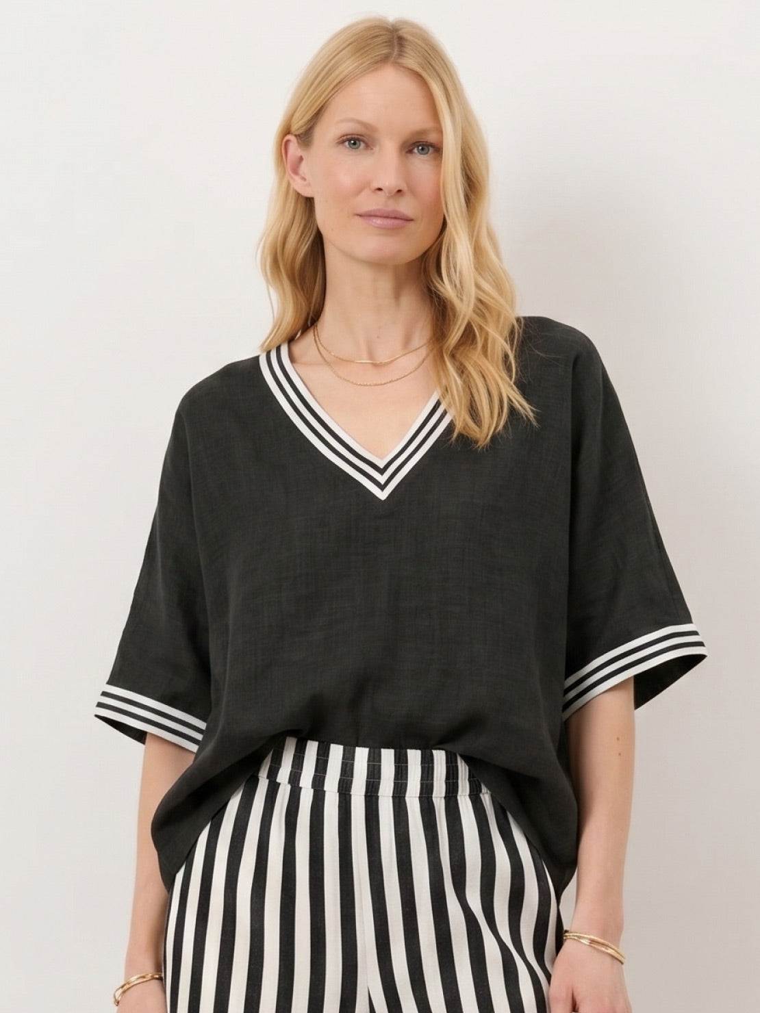 Striped wide-leg co-ord set with oversized top and palazzo pants featuring contrast stripe trim and elastic waistband