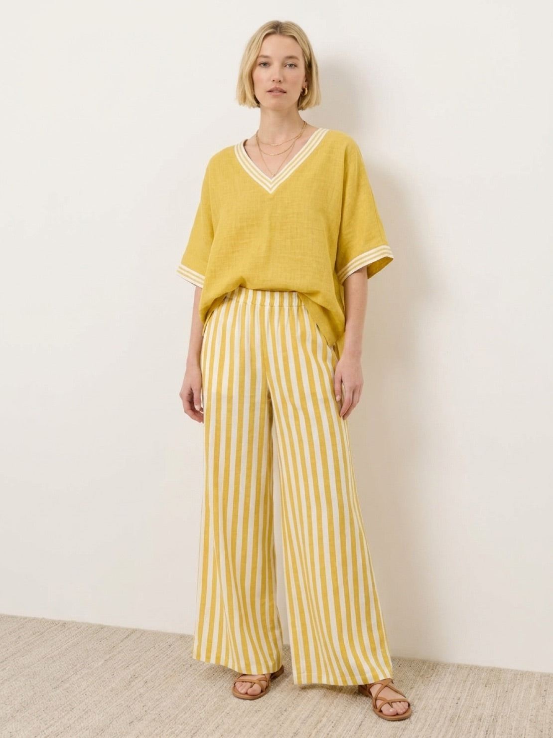 Striped wide-leg co-ord set with oversized top and palazzo pants featuring contrast stripe trim and elastic waistband