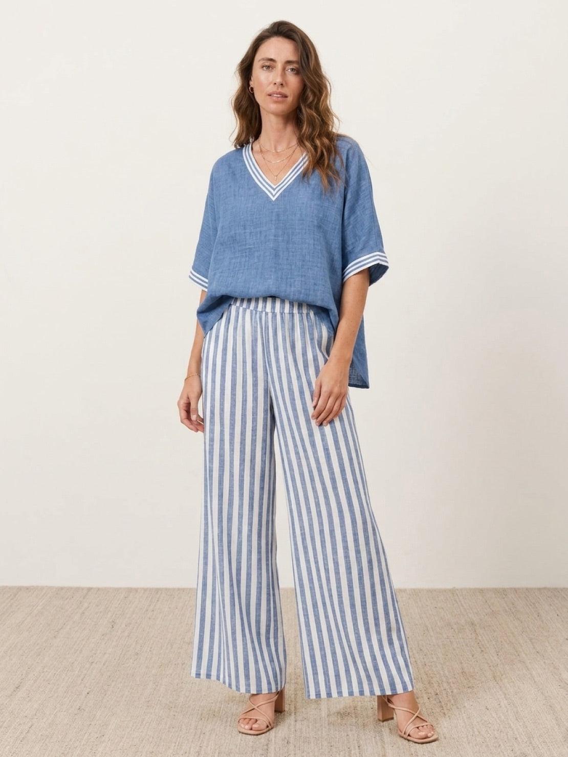 Striped wide-leg co-ord set with oversized top and palazzo pants featuring contrast stripe trim and elastic waist