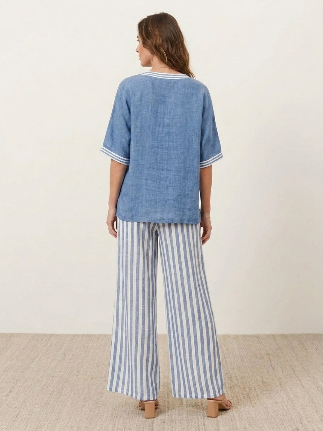 Black striped wide-leg co-ord set with oversized top and palazzo pants with elastic waist and side pockets