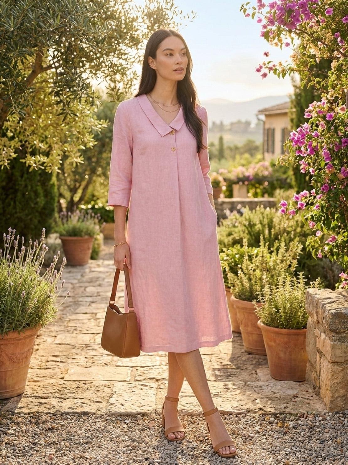 Linen-look midi dress with relaxed A-line silhouette and side pockets