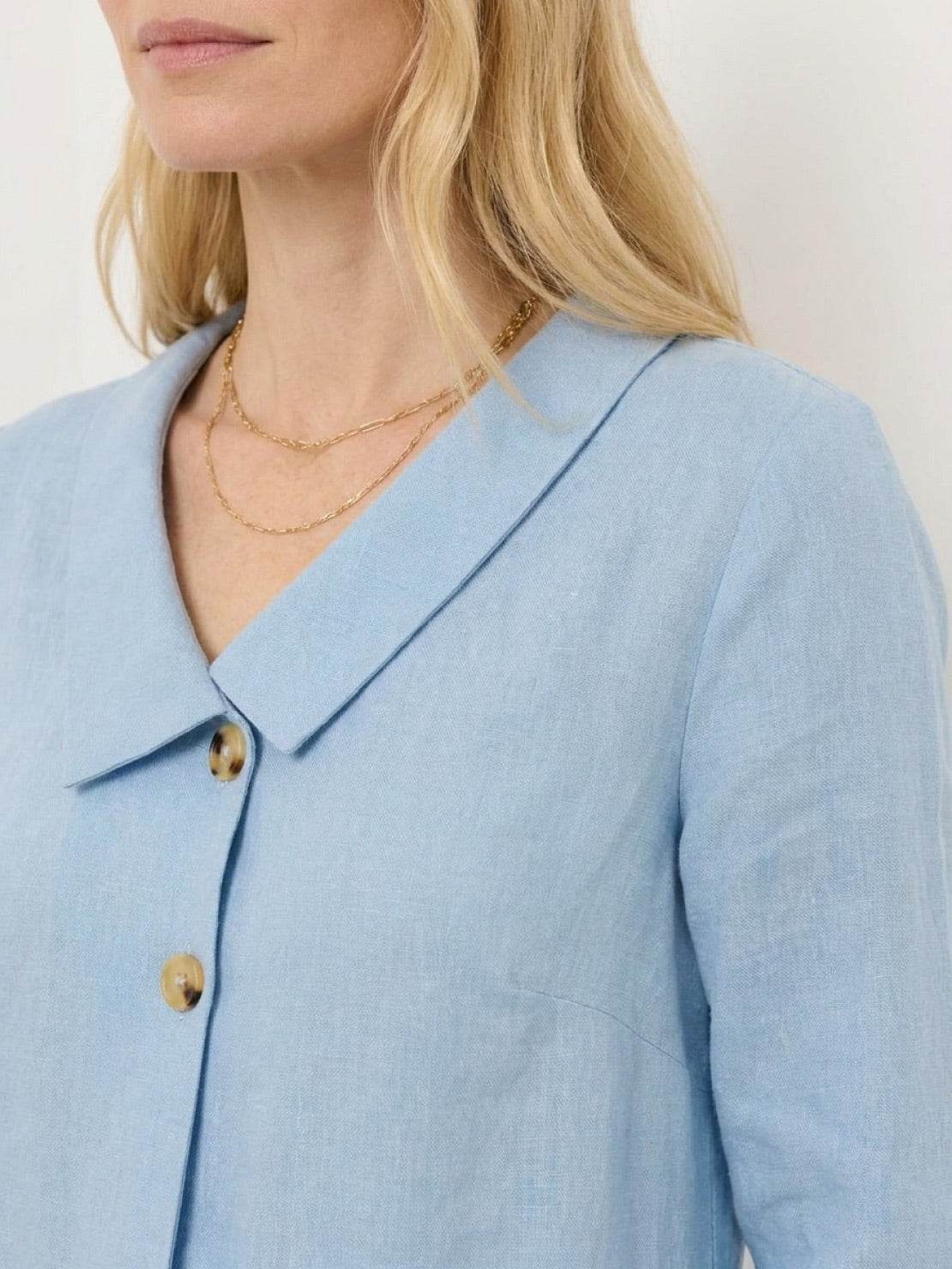 linen-look midi dress with relaxed A-line shape, blazer neckline, button detail, 3/4 sleeves, and side pockets