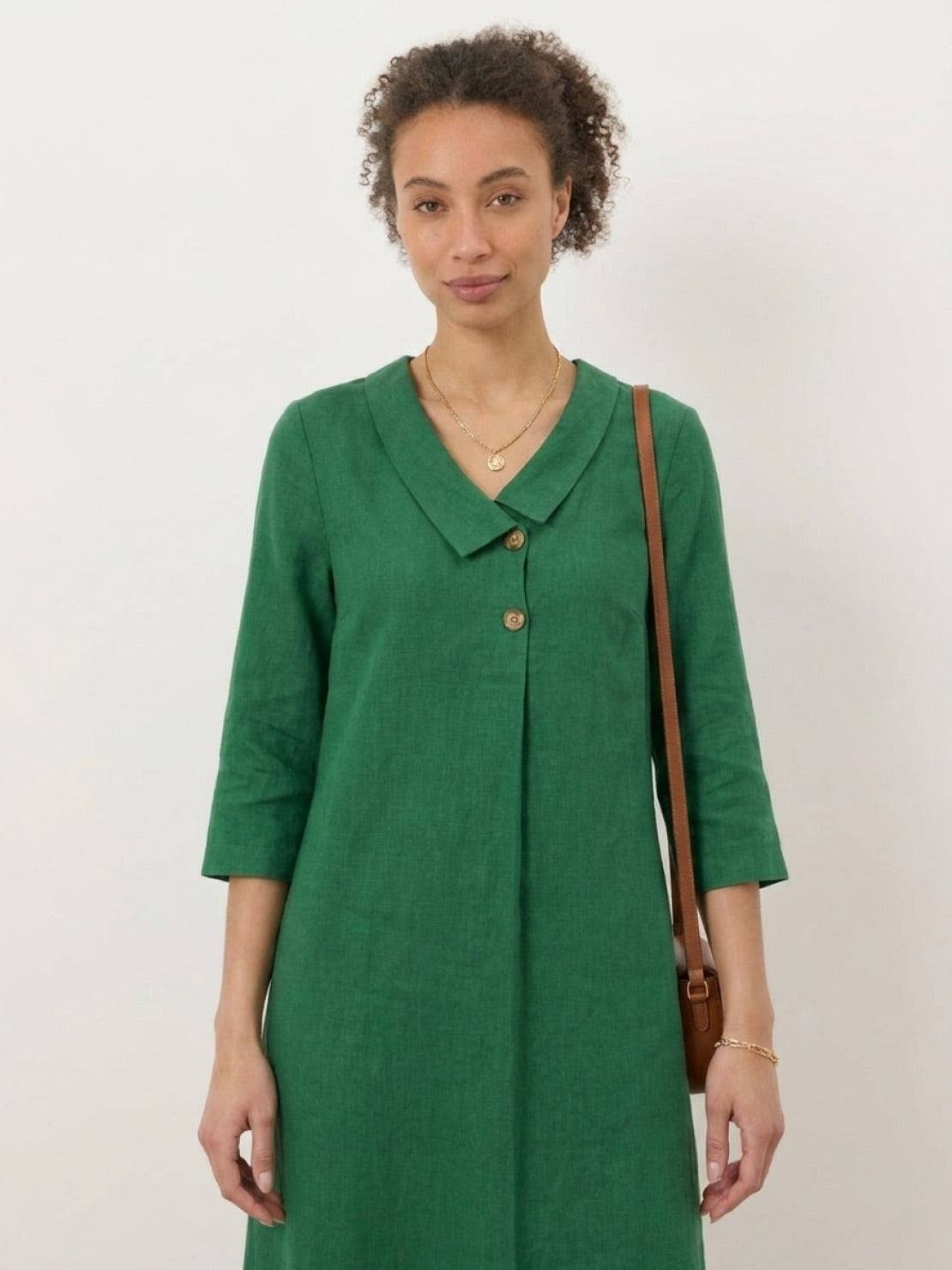 linen-look midi dress in relaxed A-line silhouette with side pockets and button detail
