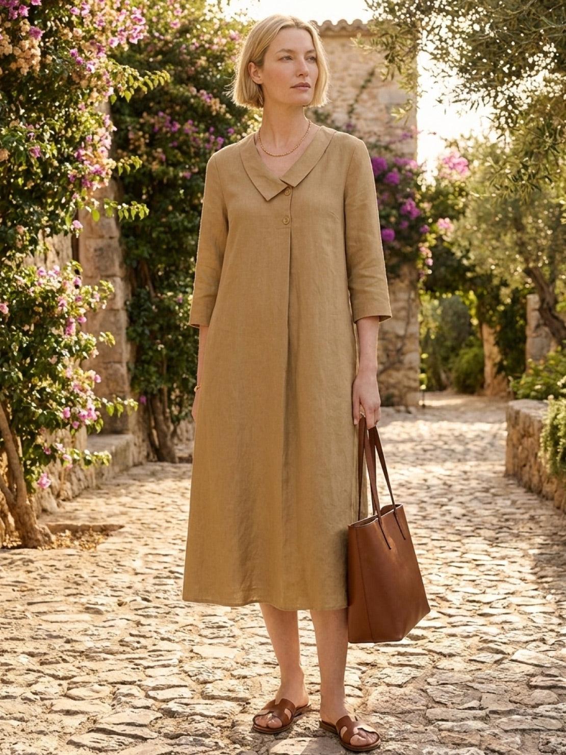 linen-look midi dress with relaxed A-line silhouette and side pockets in blue