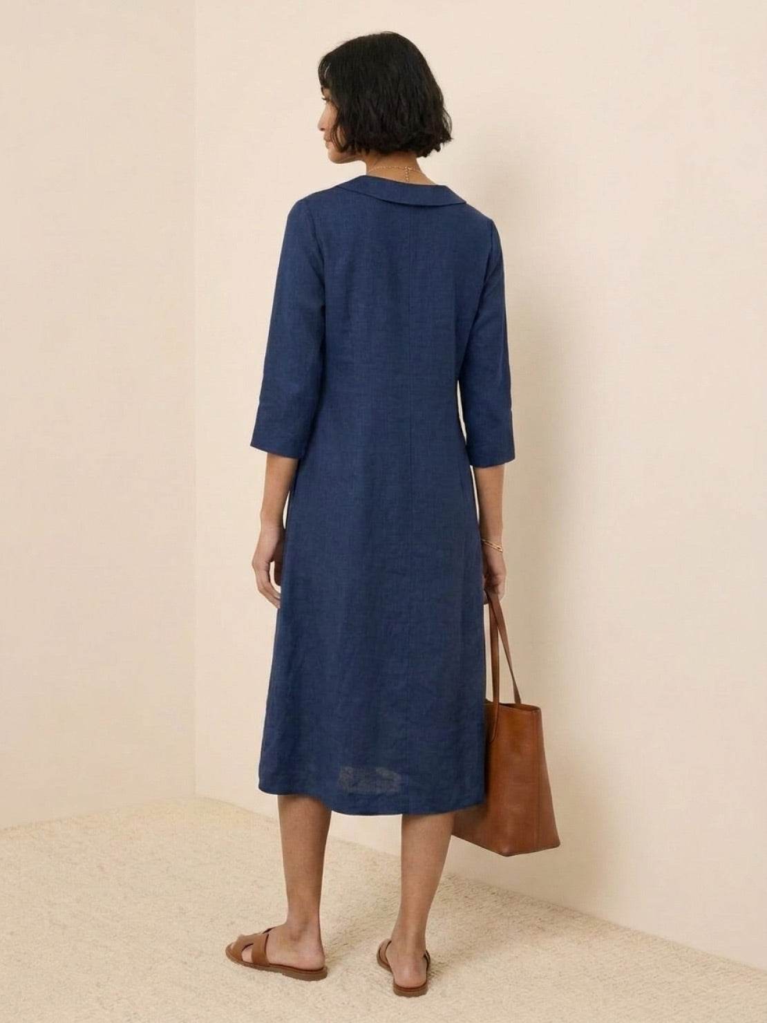 linen-look midi dress with relaxed A-line silhouette and side pockets in navy blue