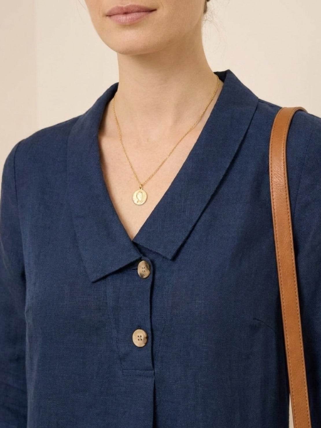 linen-look midi dress with relaxed fit, blazer neckline, button detail, and side pockets