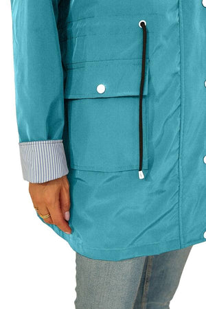 Close-up of water resistant windbreaker jacket pocket and cuff detail in teal color with striped lining and adjustable drawstring