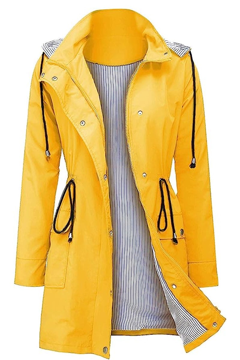 Yellow water resistant hooded striped windbreaker jacket for women with adjustable waist and multiple pockets