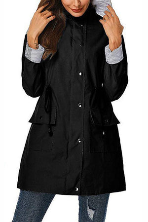 Women’s water resistant hooded striped windbreaker rain jacket with pockets and adjustable waist