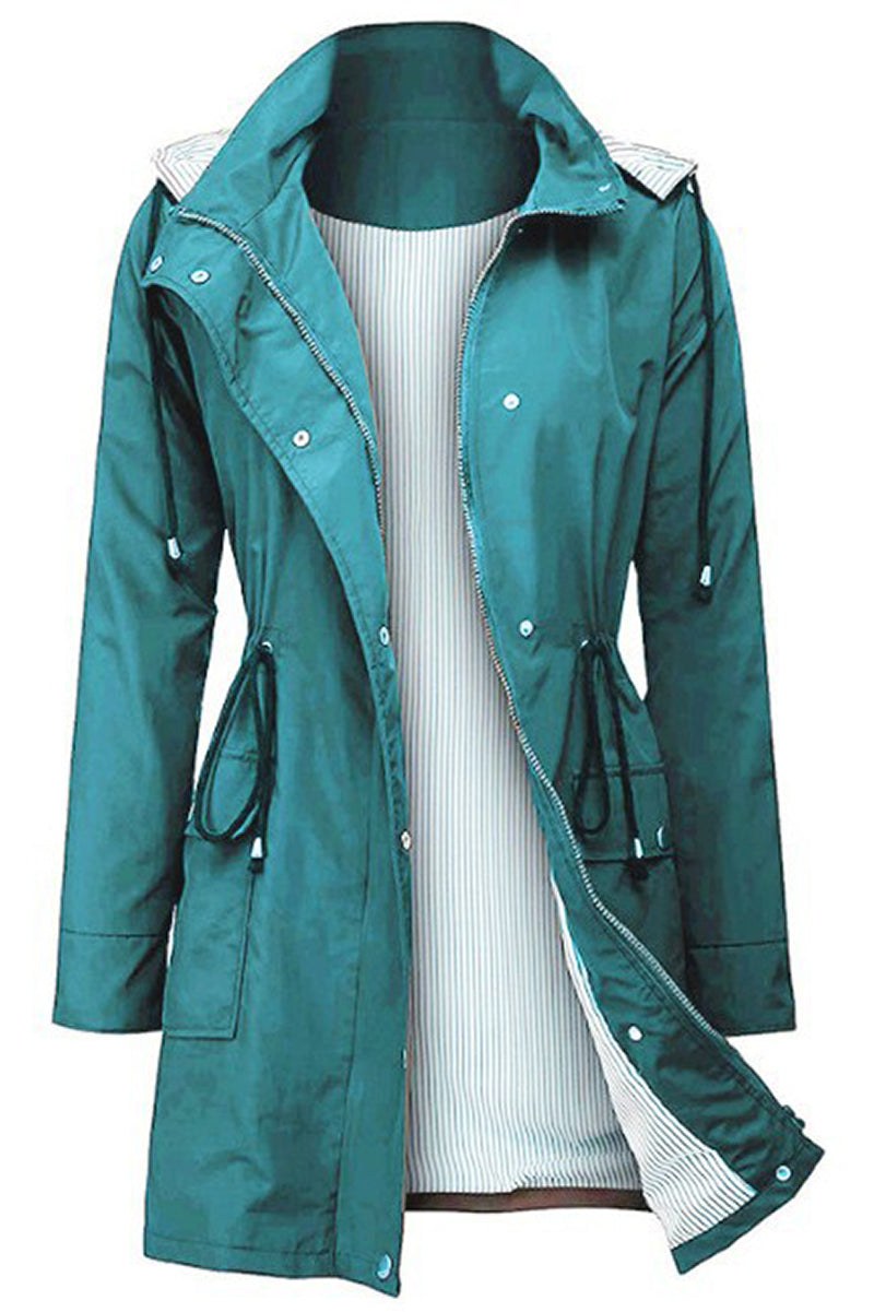 Women's teal water resistant striped windbreaker rain jacket with hood and adjustable waist
