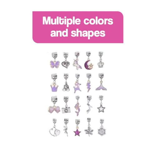 Multiple colorful and shaped metal charm pendants for kids bracelet-making kit