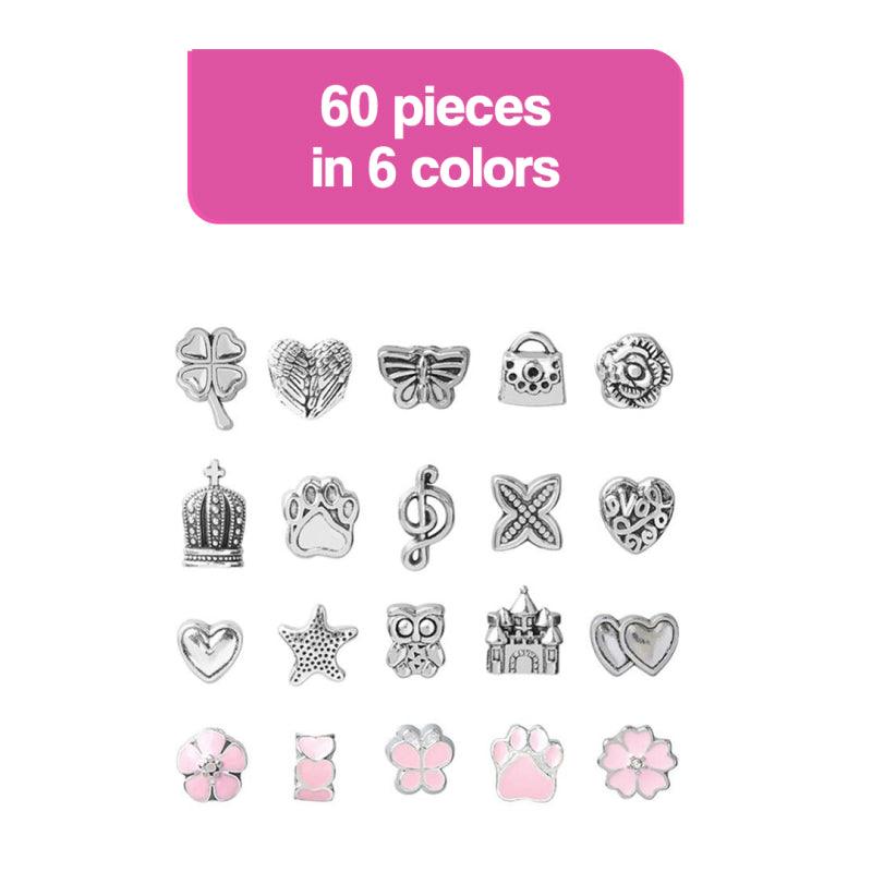 60 pieces of silver and pink charms for kids bracelet-making kit craft set
