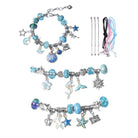 Kids bracelet-making kit with blue-themed charms, metal spacer beads, snake chain bracelets, and colorful cords for creative DIY jewelry crafting.