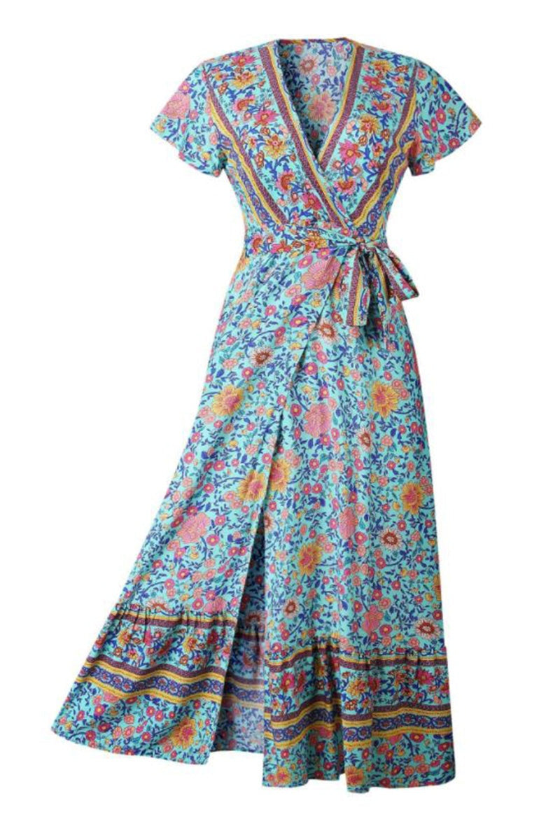 Bohemian floral print wrap dress with V-neck and tie waist in vibrant colors