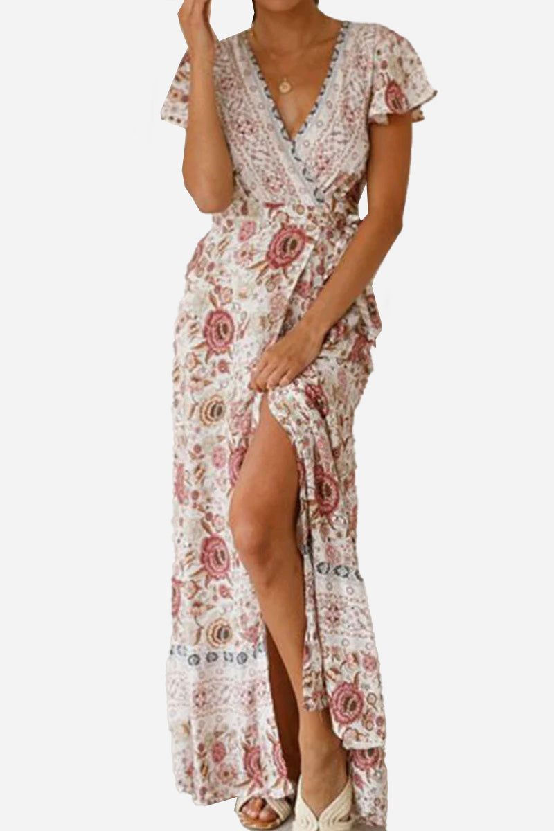 Bohemian floral print wrap dress with V-neck and high slit in soft cotton material