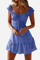 Blue sweetheart collar printed ruffled maxi dress with high waist and short sleeves