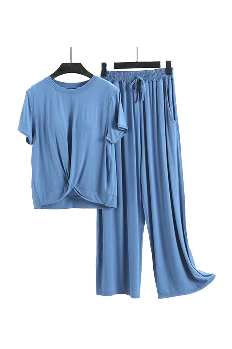 Blue bamboo fiber pajama set with short sleeve top and drawstring wide-leg pants, eco-friendly breathable fabric.