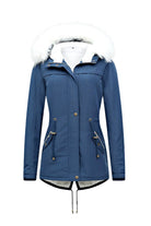 Thick long-sleeve zipper overcoat with fur-lined hood in blue, lightweight and warm winter jacket.