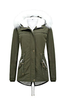 Thick long-sleeve zipper overcoat with fur-lined hood in olive green, lightweight and warm winter jacket