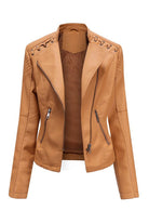 Slim fit leather motorcycle jacket in tan with zipper pockets and detailed stitching