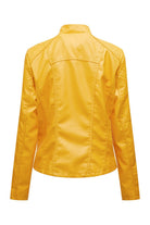 Slim fit yellow leather motorcycle jacket back view with stylish stitching and clean design