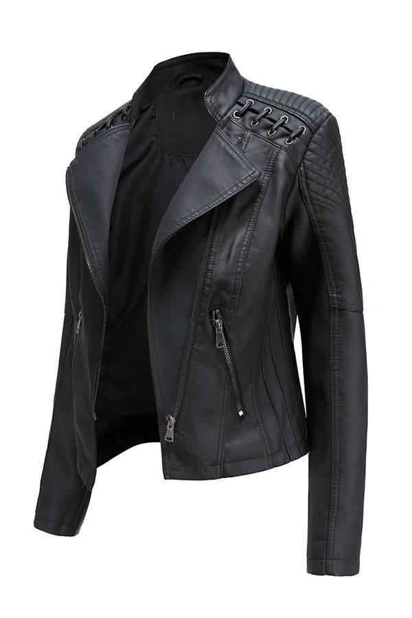 Black slim fit leather motorcycle jacket with zipper and textured shoulder detail