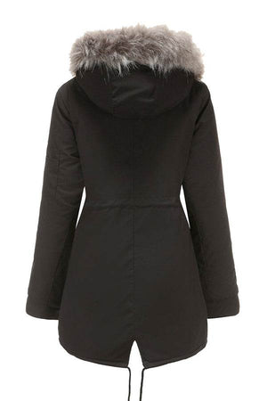 Women's black Fur Collar Fleece Coat with hood and adjustable hem, back view
