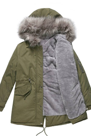 Olive fur collar fleece coat with hood and gray fleece lining, mid-length warm winter jacket