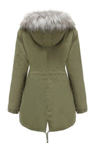 Olive green mid-length Fur Collar Fleece Coat with hood and adjustable features, designed for warmth and style